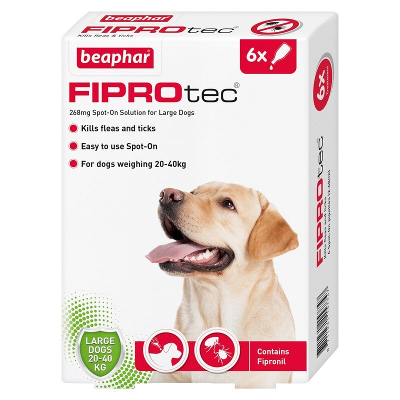 Beaphar FIPROtec Flea & Tick Spot On for Large Dogs (20-40kg) 6 pipettes x 6