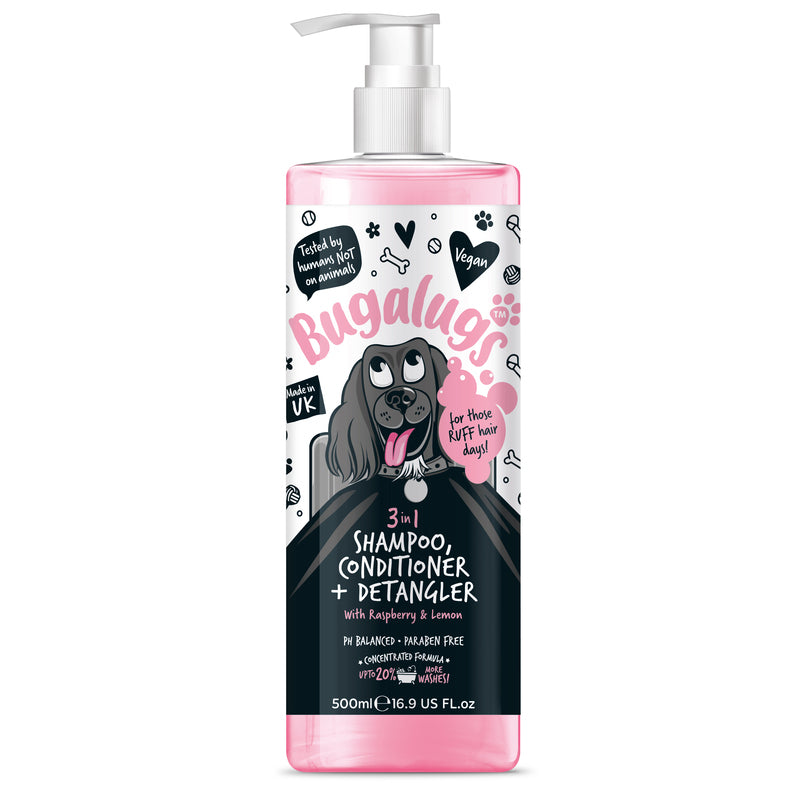 Bugalugs 3 in 1 Raspberry & Lemon Dog Shampoo & Conditioner & Detangler 500ml