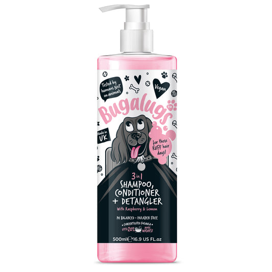 Bugalugs 3 in 1 Raspberry & Lemon Dog Shampoo & Conditioner & Detangler 500ml