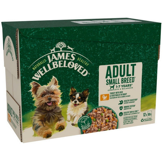 James Wellbeloved Adult Small Breed Turkey in Gravy Pouches 90g x 12 x 4