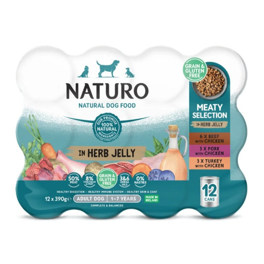 Naturo Adult Grain & Gluten Free Meaty Selection in Herb Jelly Tins 390g x 12 for 10