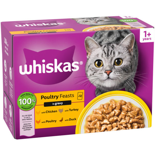 Whiskas Adult 1+ Poultry Feasts in Gravy Pouches 85g x 12 x 4