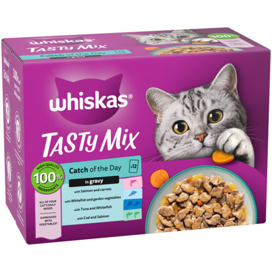 Whiskas Adult 1+ Tasty Mix Catch of The Day in Gravy Pouches 85g x 12 x 4